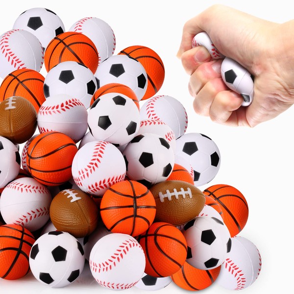 WELLVO Sports Party Favors 36 Pack Sports Stress Balls Goodie Bags Stuffers Mini Foam Sports Balls for Stress Relief Classroom Prizes Kids Return Gifts Birthday Party Favors Toys