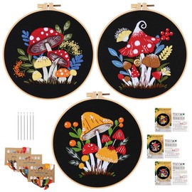 HomeChi Kit de Bordado, Kit de Punto de Cruz para Principiantes de 3 Piezas con Patrones Impresos e Instrucciones, Kit de Inicio de Bordado, Serie Champiñón, Hilo de Colores, Agujas, Aros de Bordado