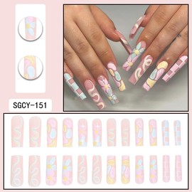 VIVABOMS Press On Nails with Floral Line Design, Macaron Color False Nails, Reusable Nail Art Tips for Women, Party, Daily Wear & Sweet Aesthetic Style, 24pcs