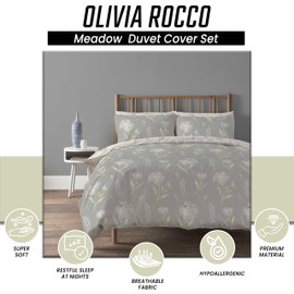 Olivia Rocco Meadow Duvet Cover Set Easy Care Quilt Bedding Sets with Pillow Cases Cotton Rich Super Soft Printed Floral Bed linen, Meadow Grey Single