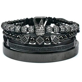 Imperial Crown King 18K Gold CZ Beads Bracelet Luxury Charm Fashion Bangle for Men Women (A Black)