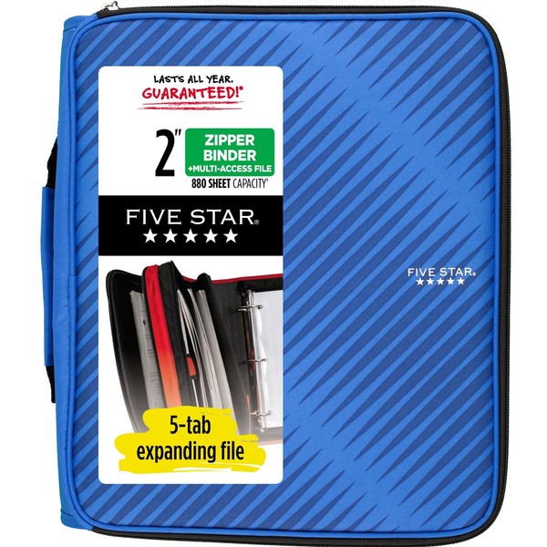 Five Star Zipper Binder, 2 Inch 3-Ring Binder for School, 6 Pocket Expanding File, 380 Sheet Capacity, Blue (72534)