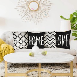 YCOLL Cushion Covers, Set of 4, Linen, Decorative, Geometric Pattern, Cushion Covers for Sofa, Bedroom, Couch, Outdoor Cushions, 40 x 40 cm, Black