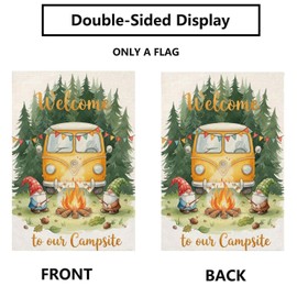 Welcome To Our Campsite Gnomes Camping Garden Flag Burlap 12x18 Inch Double Sided, RV Campfire Camper Yard Lawn Outdoor Decorations