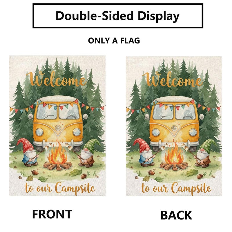 Welcome To Our Campsite Gnomes Camping Garden Flag Burlap 12x18