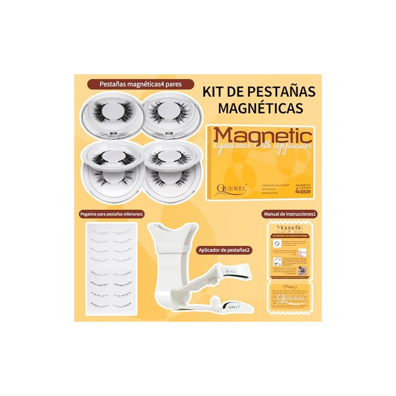 Pestañas magnéticas QUEWEL, 4 pares, reutilizables, con aplicador, sin pegamento,