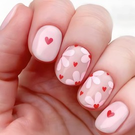 Hrnsnails Valentines Square Press On Nails Medium - Heart Press On Nails, Pink Fake Nails with Red Heart Design, Artificial Valentines Nails Stick On Nails for Women-24Pcs