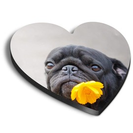 1 x Heart MDF Magnets - Cute Pug Puppy with Marigold Flower 16575