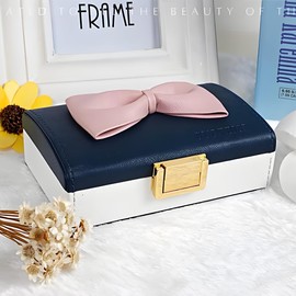 Mini Jewelry Box Organizer PU Leather 2 Layers, Cute Jewelry Box Pink Butterfly Design for Earrings Bracelet Necklace Rings Storage for Women Girls. Perfect for Home Decorative or Travel (Dark blue)