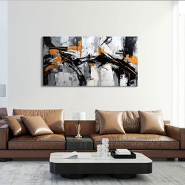 Abstract Canvas Wall Art Elegant and Modern Wall Art for Living Room - Canvas Wall Decor for Office and Home - Large Framed Artwork for Walls Black, White, Gray and Unique Orange Accents 48×24in