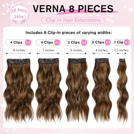 Hair Extensions Clip Ins, 8PCS 20 Inch Wavy Dark Brown Mix Light Brown Clip in Hair Extensions, Synthetic Lace Weft Hairpieces for Women Daily Party Use