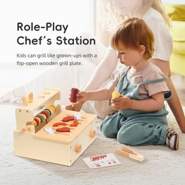OOOK Wooden Kids BBQ Grill Playset, Play Barbecue Toy Grill with 25 PCS Toy Food and Grilling Tools, Play Kitchen Accessories for Toddlers Boys Girls Age 3+