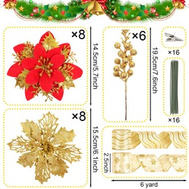 24 Pcs Red Gold Christmas Tree Decorations Kit Poinsettias Artificial Christmas Flowers Decorations Set Christmas Ribbon Garland for Christmas Tree