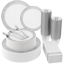 𝟐𝟏𝟎 Count Silver Plastic Dinnerware, Silver Disposable Plates, Includes 30 Dinner & 30 Dessert Plates & 30 Cups & 30 Paper Napkins & 30 Plastic Silverware Set