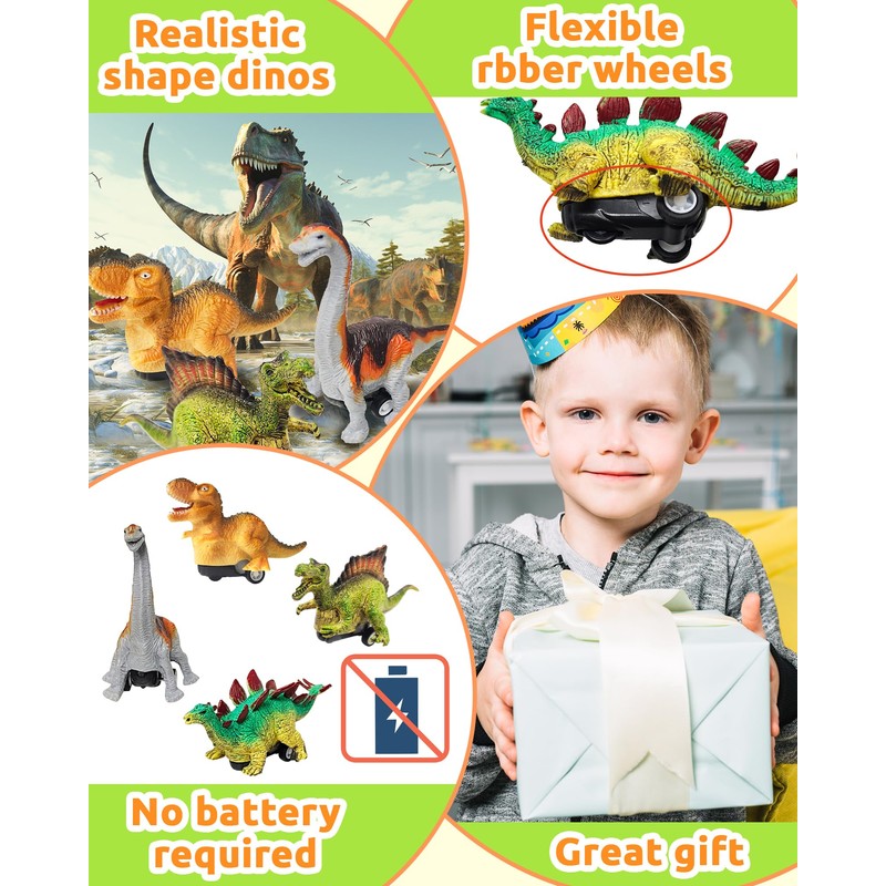 Greingways 4 Pack Dinosaur Pull Back Cars Prefilled Plastic Easter