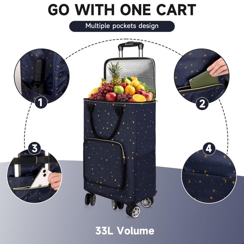 TAMACART Shopping Cart on 5 Swivel Wheels, Foldable Grocery Cart