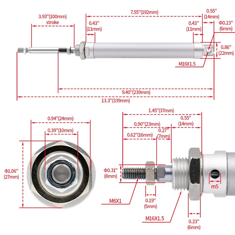 Heschen Pneumatic Slim Air Cylinder, MAL 16-100, M5 Port, 16mm