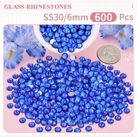 600PCS SS30/6mm Crystal Rhinestones (Blue/Sapphire), Bedazzling Flatback Glass Rhinestones for Crafting DIY Nail Art Makeup Decoration, Gems Diomand Charms for Tumbler Shoes Clothing Mug