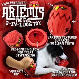 PICKLE WICKLE PET Supply Treat Dispensing Squeaky Owl Dog Toy - All Breed Sizes - Nearly Indestrctible - Natural Rubber - Engaging Snuffle & Interactive Play - Squeaky Top, Treat Dispensing Bottom