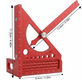 HOKIMEEN 3D Multi Angle Measuring Ruler, Plastic Woodworking Square with Adjustable Angle Finder Pointer, Carpenter Square Tool with 45/90 Degree Guides and Scribing Holes for Carpentry DIY, Red