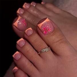 Press on Toenails Orange French Tip Fake Nails with 3D Flower Design False Toenails Summer Press on Toe Nails Full Cover Stick on Toenails Short Square Acrylic Toenails for Women 24Pcs