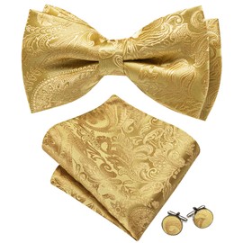 YOHOWA Gold Bow Tie Set Men Paisley Solid Adjustable Silk Pre-Tied Bowtie Handkerchief Cufflinks Formal Wedding Party Prom