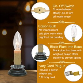 GOOTHY 3 Inch Electric Country Candle Lamps, Plug in Christmas Electric Window Candle Lamp with Black Plum Iron Base, 7W C26 Lights Bulb, 3'' Candlesticks with On/Off Switch, Ivory- Set of 4