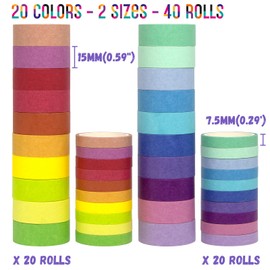 WAPETASHI Washi Tape Set 40 Rolls, 2 Sizes Rainbow Decorative Tape, Colored Washi Tape, Art Craft Washi Tape for Journaling, Scrapbooking Supplies, 15mm 7.5mm Wide Washy Tape