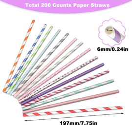 200 Party Straws Disposable 7.75" x 0.24" Biodegradable Colorful Stripe Paper Drinking Straw for Milkshake Coffee Cocktail Lemonade, Great for Birthday Wedding Holiday Celebrations DIY Decorations