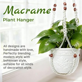 Macrame Plant Hangers for Indoor Plants, 2 Pack 35 Inch Cotton Rope Hanging Planter Holders with Floral-Patterned Beads and Hooks, Fits 4-15 Inch Pots, Ivory