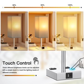 Set of 2 Grey Touch Table Lamp for Bedroom, Dimmable, USB C+A, 2 AC Outlets