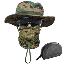 Sun Hat Bucket Boonie Hats Scarf Glasses Protection Foldable Set Camo Hats Fishing Hiking Camping Outdoor Sports Men Women (Green Digital Camo)