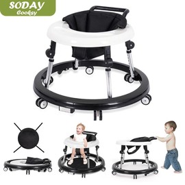 Baby Walker Foldable with 9 Adjustable Heights, 6-12 Months  Baby Walkers, with Wheels Portable Anti-Rollover,Valentine's Day gift - Color: Grey white