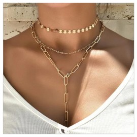 Allereya Vintage Layered Paperclip Chain Necklace Gold Lariat Y Necklace Long Drop Chain Necklace Disc Sequin Chain Choker Necklace Jewelry for Women and Girls
