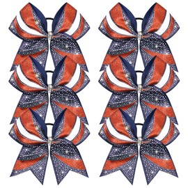 DEEKA 6 PCS Glitter Cheer Bows Rhinestone Large Stiff Competition Team Hair Bows Elastic Band Holder for Cheerleader Softball Football Girls (Navy Blue/Red/White)