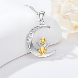 LWXIE Diamond Moon and Angel Dog Pendant Necklace for Women 925 Sterling Silver Lab Grown Diamonds Jewelry Gifts for Dog Lovers, Sterling Silver, Diamond