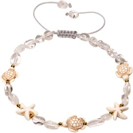Wizock Boho Turtle Starfish Ankle Bracelets for Women Tumbled Crystals Beaded Anklet Summer Hawaii Beach Adjustable Party Foot Jewelry (Clear Quartz)