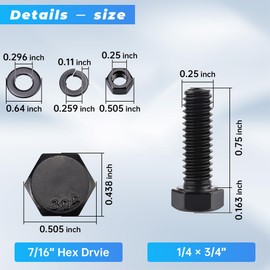 Glvaner 1/4-20 x 3/4" (10 Sets) Stainless Steel Hex Head Screws Bolts, Nuts, Flat & Lock Washers, 18-8 (304) Stainless Steel Bolts and Nuts Set, Full Thread, Black Coated