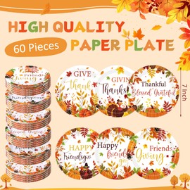 Funnymoom 60 Pcs 7 Inch Happy Friendsgiving Paper Plates Give Thanks Plates Decorations Fall Pumpkin Turkey Tableware for Autumn Harvest Thanksgiving Dinner BBQ Picnic Farmhouse Party Supplies