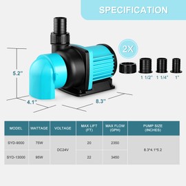 JEREPOND 3450GPH Aquarium Return pump with LCD display controller, DC 24V 95W aquarium pump for saltwater freshwater aquarium,fish tank,sump,20 speeds ECO Quiet Submersible and inline pump