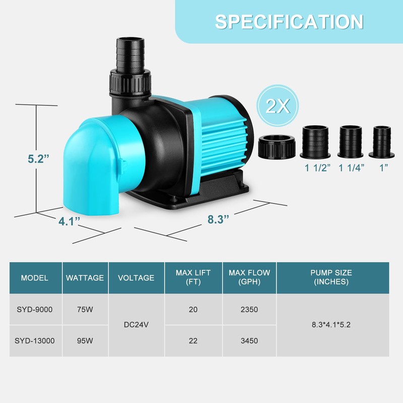 JEREPOND 3450GPH Aquarium Return pump with LCD display controller, DC