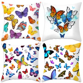 Betadistor Cushion Covers 45 x 45 Pack 4, Both Sides Flower Butterfly Decorative Throw Pillow Covers Polyester Pillowcase for Sofa Bed Patio Decor, White with Butterfly, 507-0128