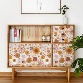 Livelynine Retro Wallpaper Peel and Stick Pink Orange White Yellow Retro Flower Wallpaper for Bathroom Kitchen Dresser Mid Century Vintage Contact Paper Removable Self Adhesive 17.5x78.8 Funky Groovy