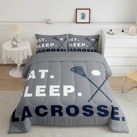 Feelyou Lacrosse Comforter Set Queen Size Boys Gilrs Ball Sports Theme Bedding Set for Kids Adults Ultra Soft Lacrosse Player Games Comforter Gray Duvet Set Room Decor Quilt Set