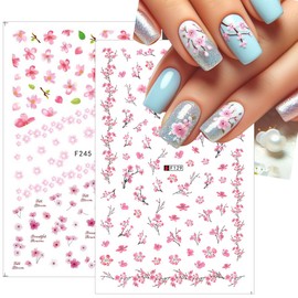 8Pcs Cherry Blossoms Nail Stickers 3D Self Adhesive Pink Flower Nail Art Stickers Spring Summer Peach Blossom Petals Leaves Nail Art Design Nail Decals Floral Nail Supplies for Acrylic Nail Decoration