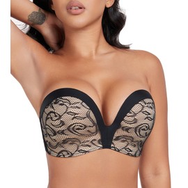 DotVol Strapless Push Up Bra Hand Shape Anti-Slip Padded Wireless Comfortable Lifting for Women(34D,Wing Jacquard Black)