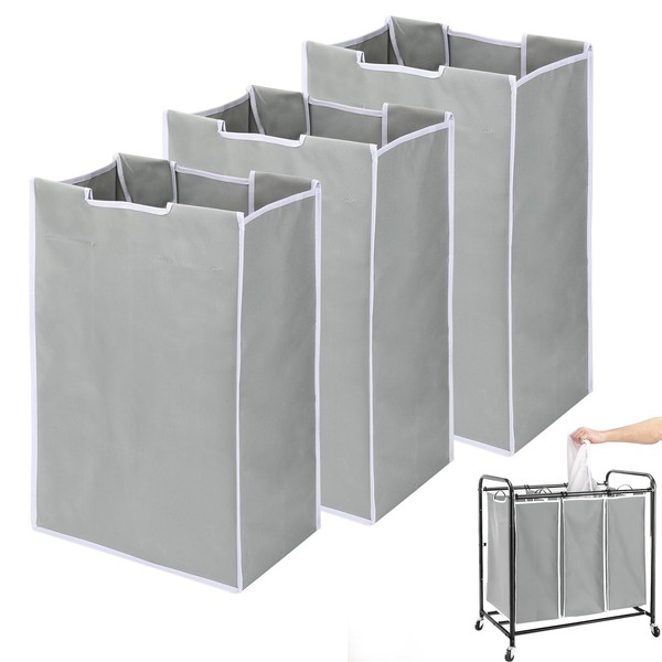 Laundry Hamper 3 Section Replacement Bags (No Frame), Augot Laundry Sorter Cart Removable Replacement Bags for Laundry Basket With Wheels, Laundry Hamper Sorter Liner 21“H×15“L×9”W（Grey）