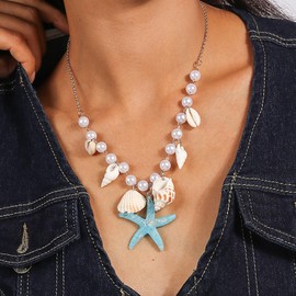 Necklace with Shell Pearl Conch Starfish Seashell, Summer Beach Collarbone Chain for Women Girls, Blue