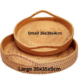ANKUR Handmade Round Rattan- Serving Tray-Decorative Woven Ottoman-Trays with Handles for Coffee Table Natural Basket Wave Tray (L- 13.7 Inch & M-11.8 Inch)