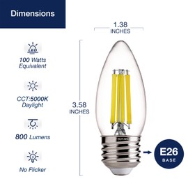 FLSNT 100W Equivalent LED Chandelier Light Bulbs E26 Base, 5000K Daylight Dimmable LED Candelabra Bulbs, 800LM, 6 Pack